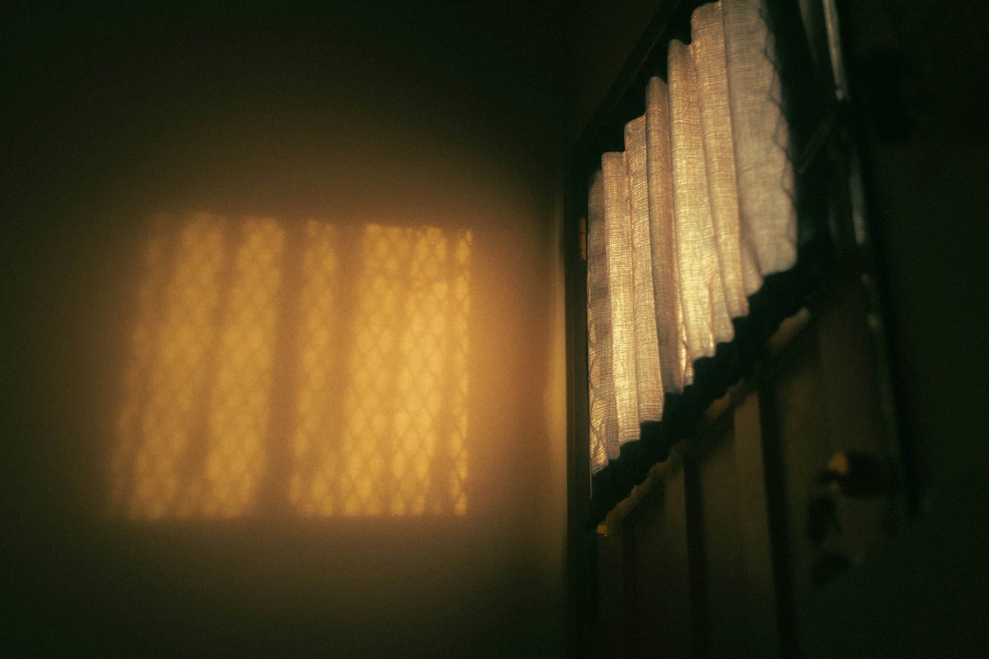 Late daylight pressing through a patterned curtain into a dark room