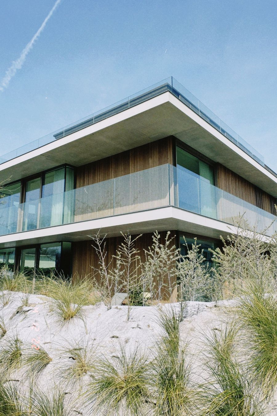 Ein modernes Glashaus zwischen Dünengräsern